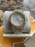 Michael Kors Lennox Three Hand Crystals White Dial Gold Steel Strap Watch For Women - MK6991