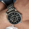 Emporio Armani Meccanico Automatic Skeleton Black Dial Silver Steel Strap Watch For Men - AR60021