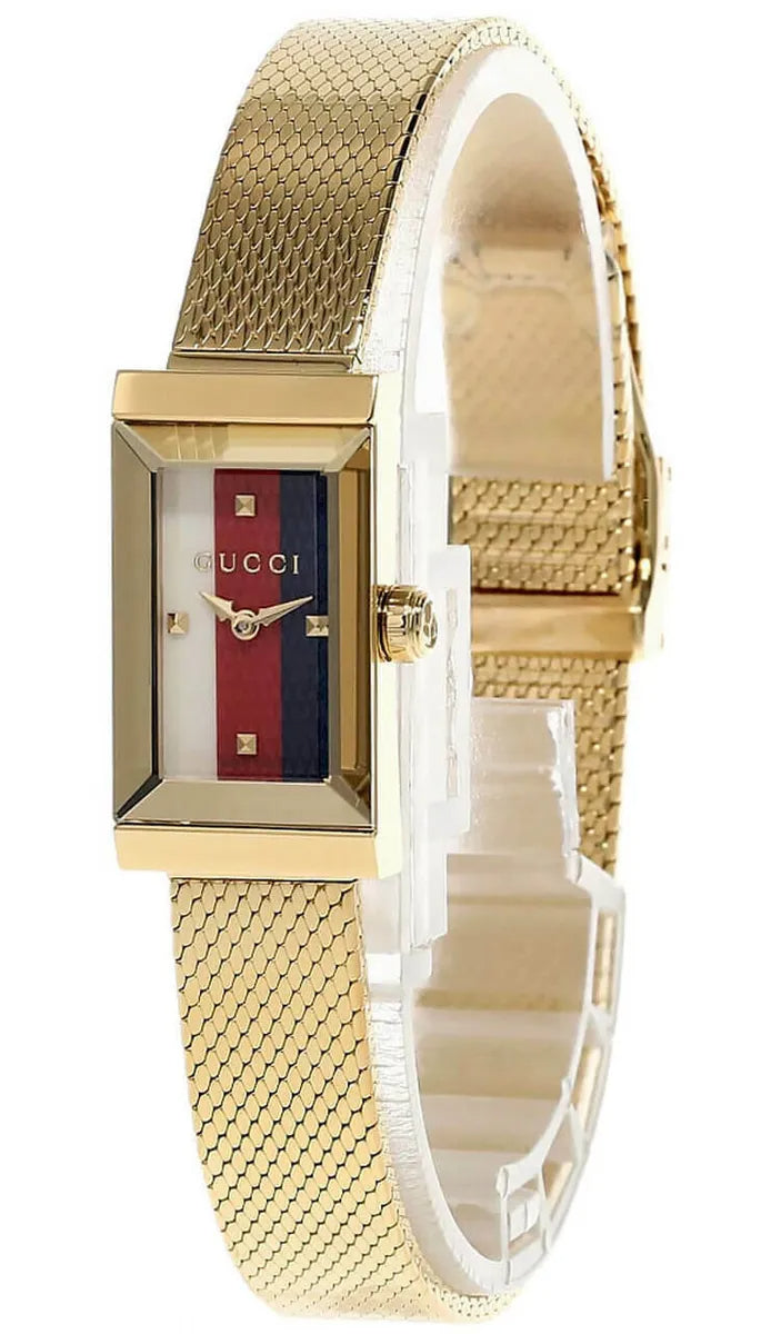 Gucci G Frame Quartz Diamonds White Red Blue Dial Gold Mesh Bracelet Watch For Women - YA147511