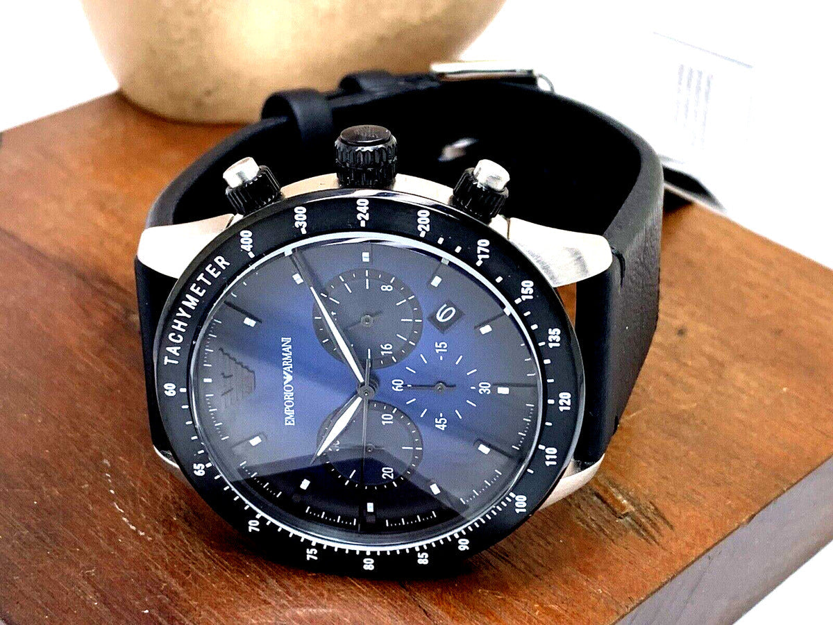 Emporio Armani Mario Chronograph Blue Dial Black Leather Strap Watch For Men - AR11522