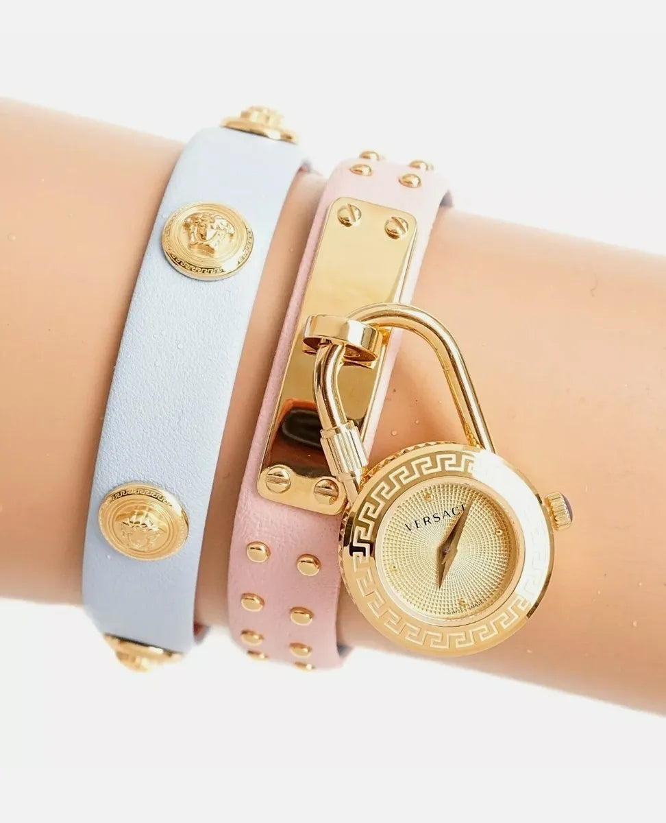 Versace Medusa Lock Icon Quartz Gold Dial Pink & Blue Leather Strap Watch For Women - VEDW00219