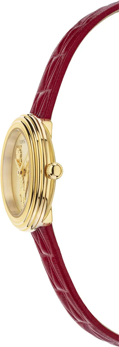 Versace Virtus Mini Quartz Gold Dial Red Leather Strap Watch For Women - VET300521