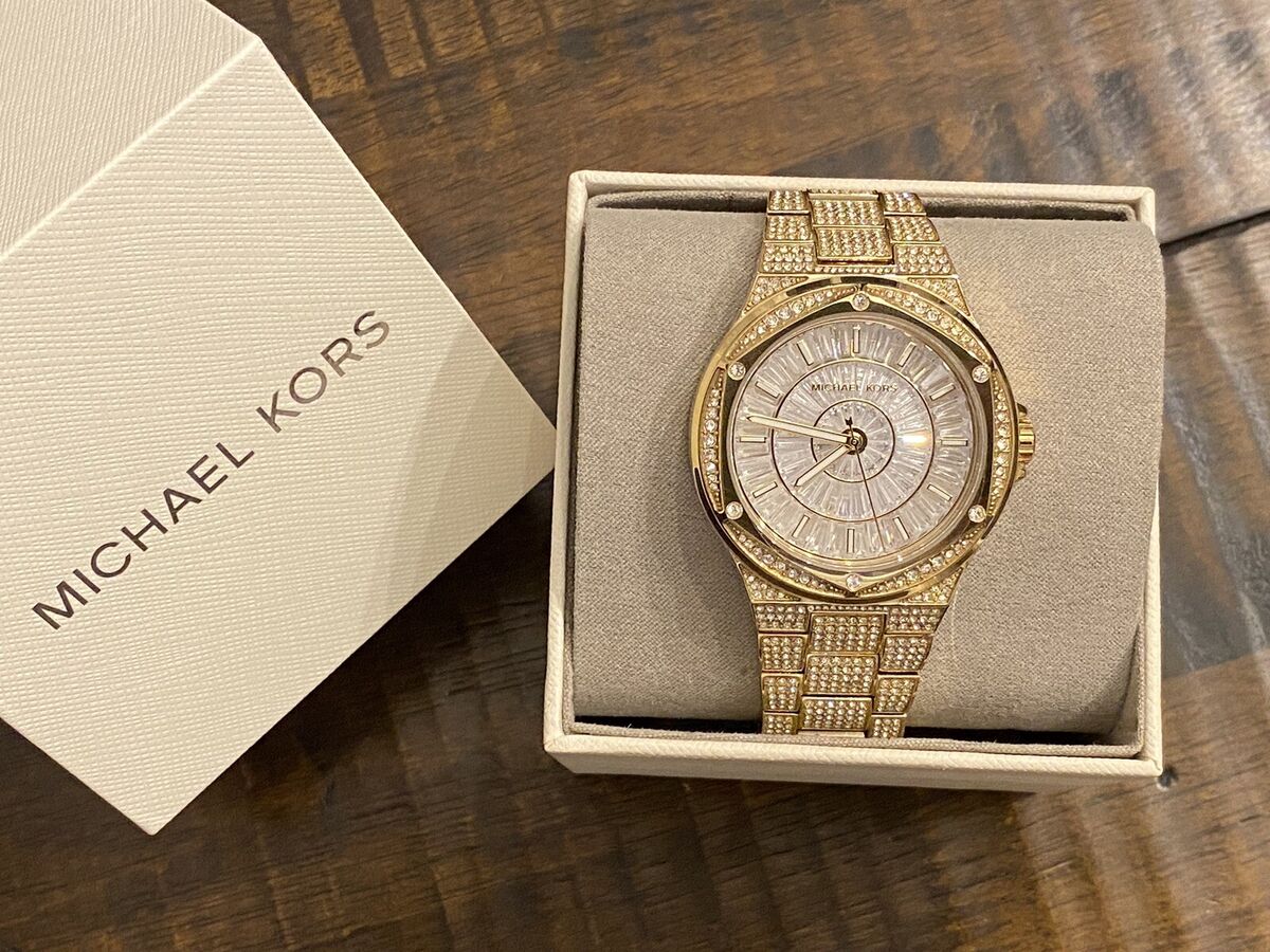 Michael Kors Lennox Three Hand Crystals White Dial Gold Steel Strap Watch For Women - MK6991