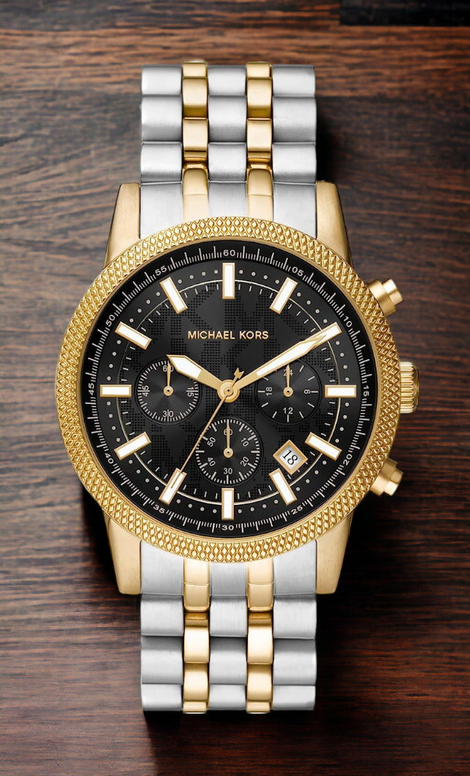 Michael Kors Hutton Chronograph Quartz Black Dial Two Tone Steel Strap Watch For Men - MK8954