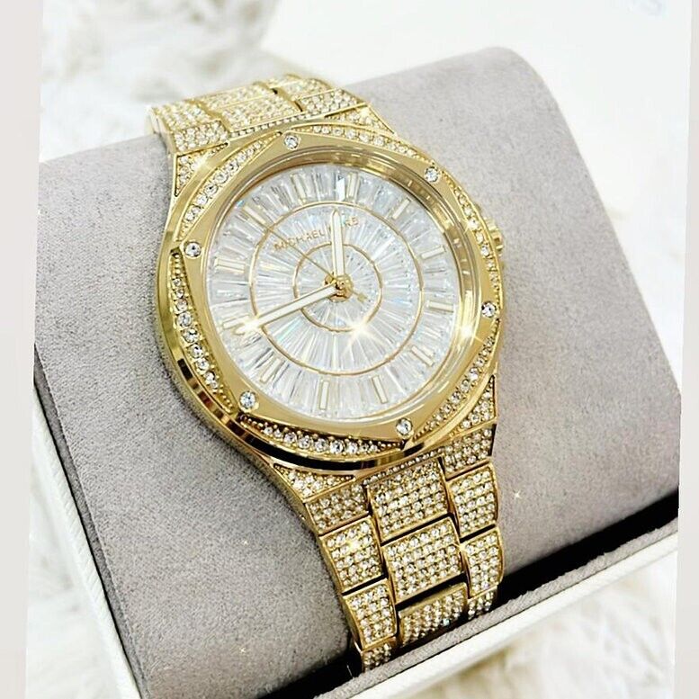 Michael Kors Lennox Three Hand Crystals White Dial Gold Steel Strap Watch For Women - MK6991