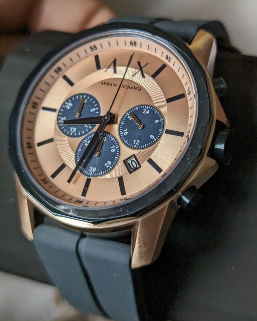 Armani Exchange Hampton Chronograph Rose Gold Dial Blue Silicone Strap Watch For Men - AX1730