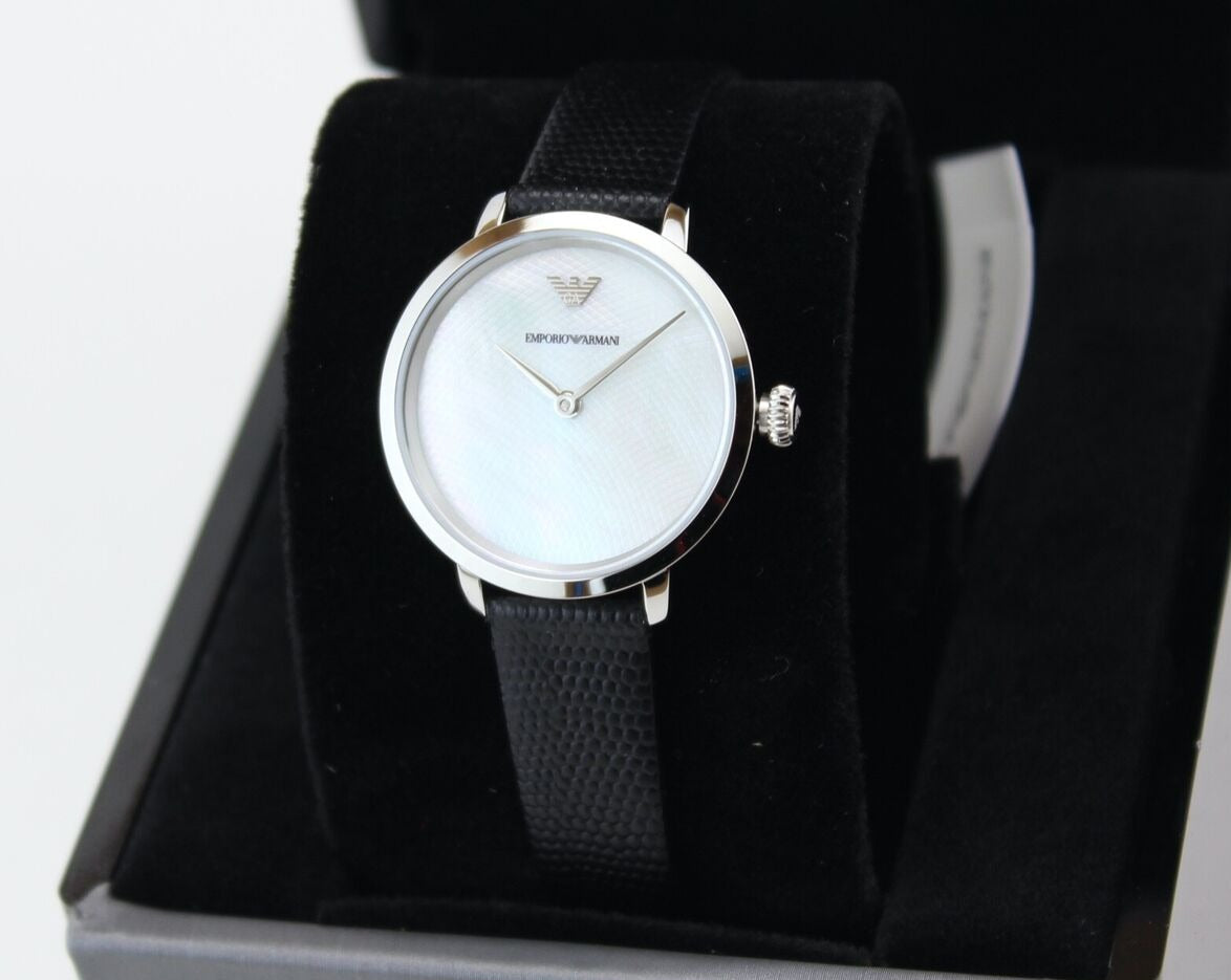 Emporio Armani Modern White Dial Black Leather Strap Watch For Women - AR11159