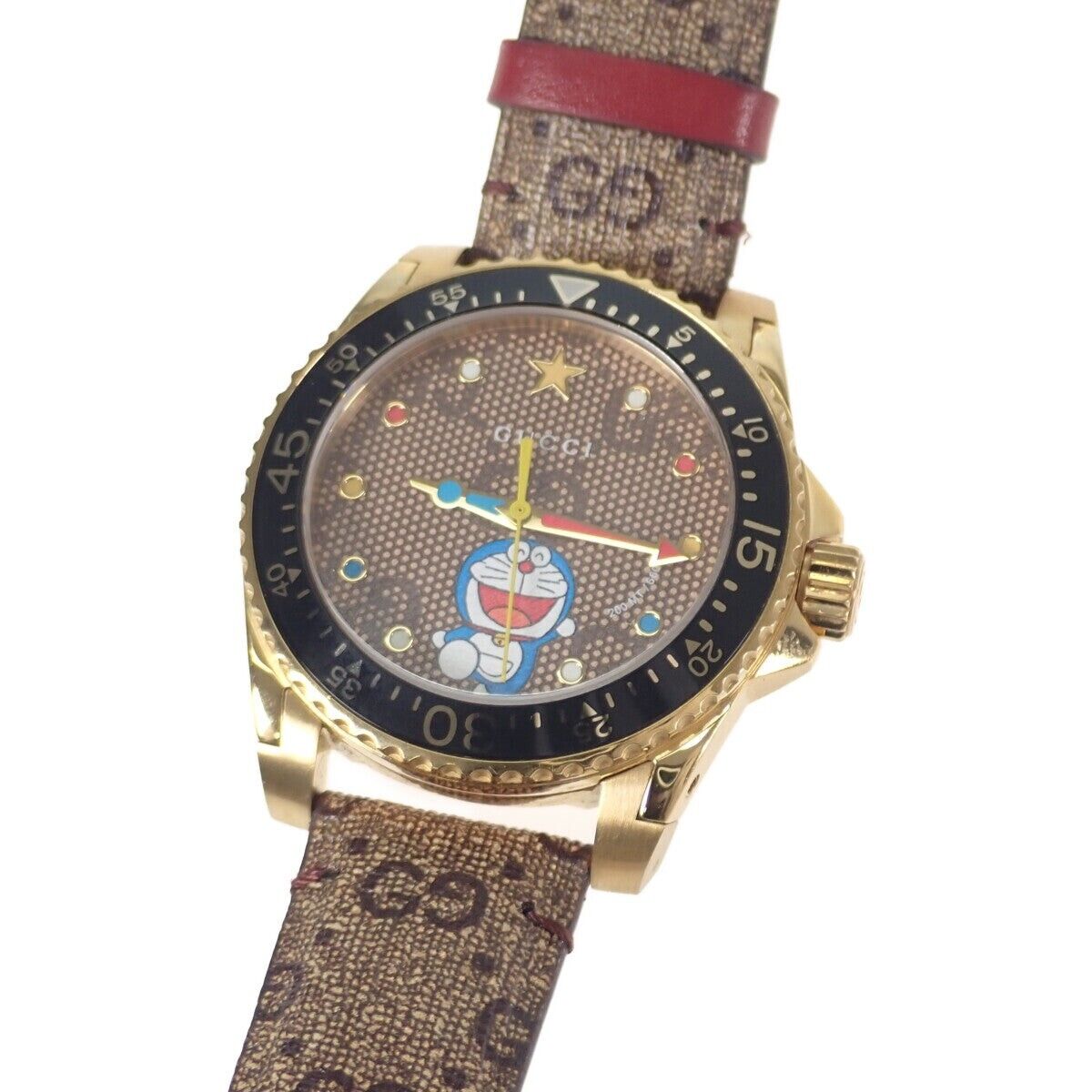 Gucci Dive Doraemon Quartz Brown Dial Brown Leather Strap Watch For Men - YA136335