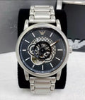 Emporio Armani Meccanico Automatic Skeleton Black Dial Silver Steel Strap Watch For Men - AR60021