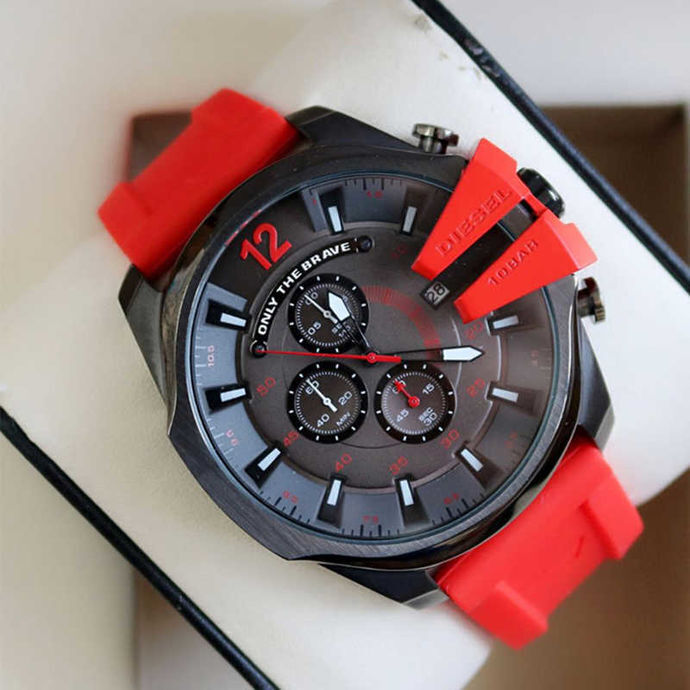 Diesel Mega Chief Chronograph Black Dial Red Silicone Strap Watch For Men - DZ4427