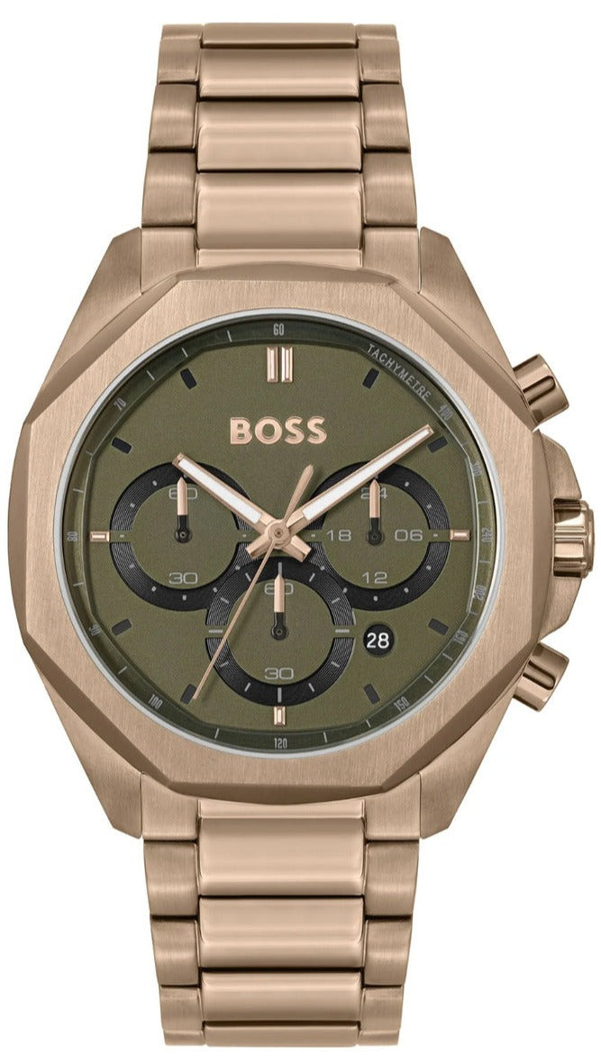 Hugo Boss Classic Chronograph Green Dial Beige Gold Steel Strap Watch For Men - 1514019