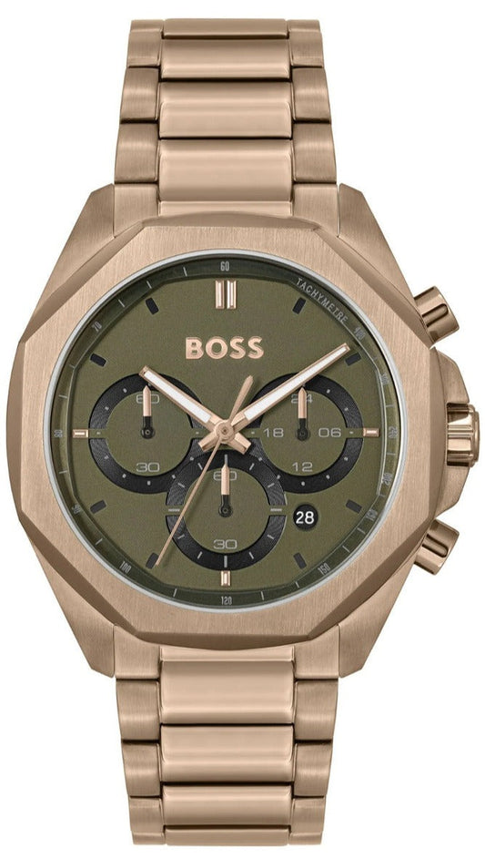 Hugo Boss Classic Chronograph Green Dial Beige Gold Steel Strap Watch For Men - 1514019