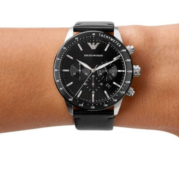 Emporio Armani Mario Chronograph Black Dial Black Leather Strap Watch For Men - AR11243