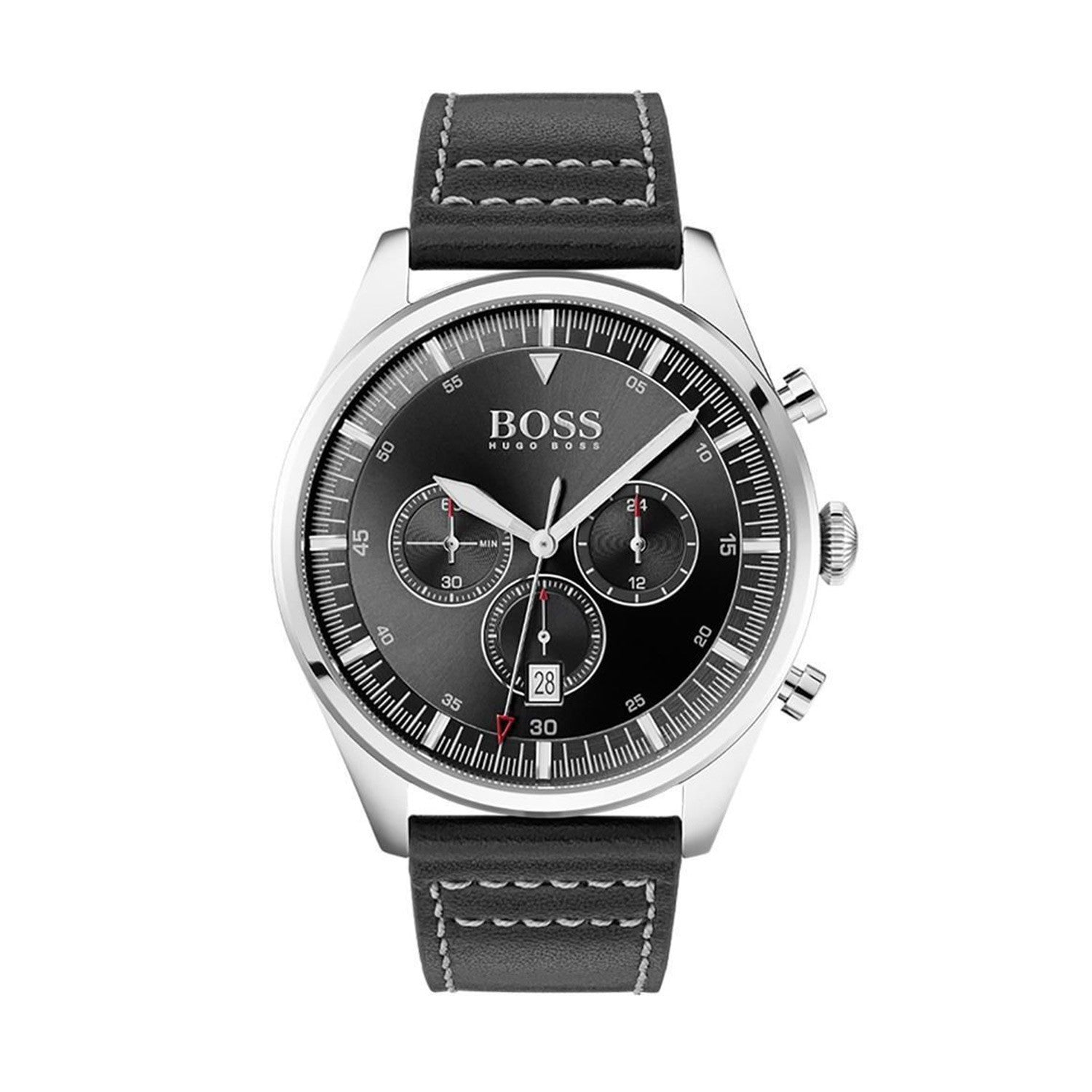 Hugo Boss Pioneer Chronograph Black Dial Black Leather Strap Watch For Men - 1513708