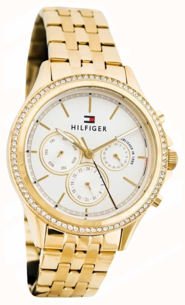 Tommy Hilfiger Ari Multifunction Diamonds Silver Dial Gold Steel Strap Watch for Women - 1781977