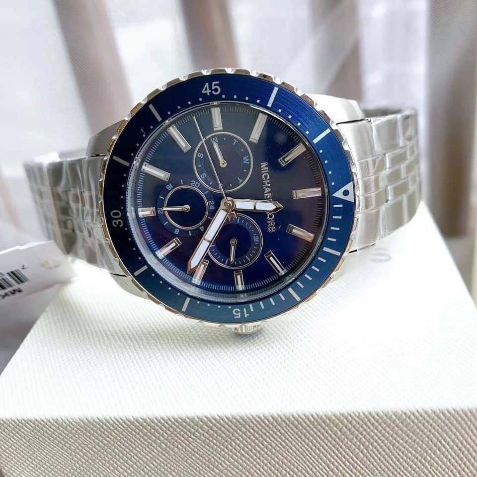 Michael Kors Cunningham Multifunction Blue Dial Silver Steel Strap Watch For Men - MK7153