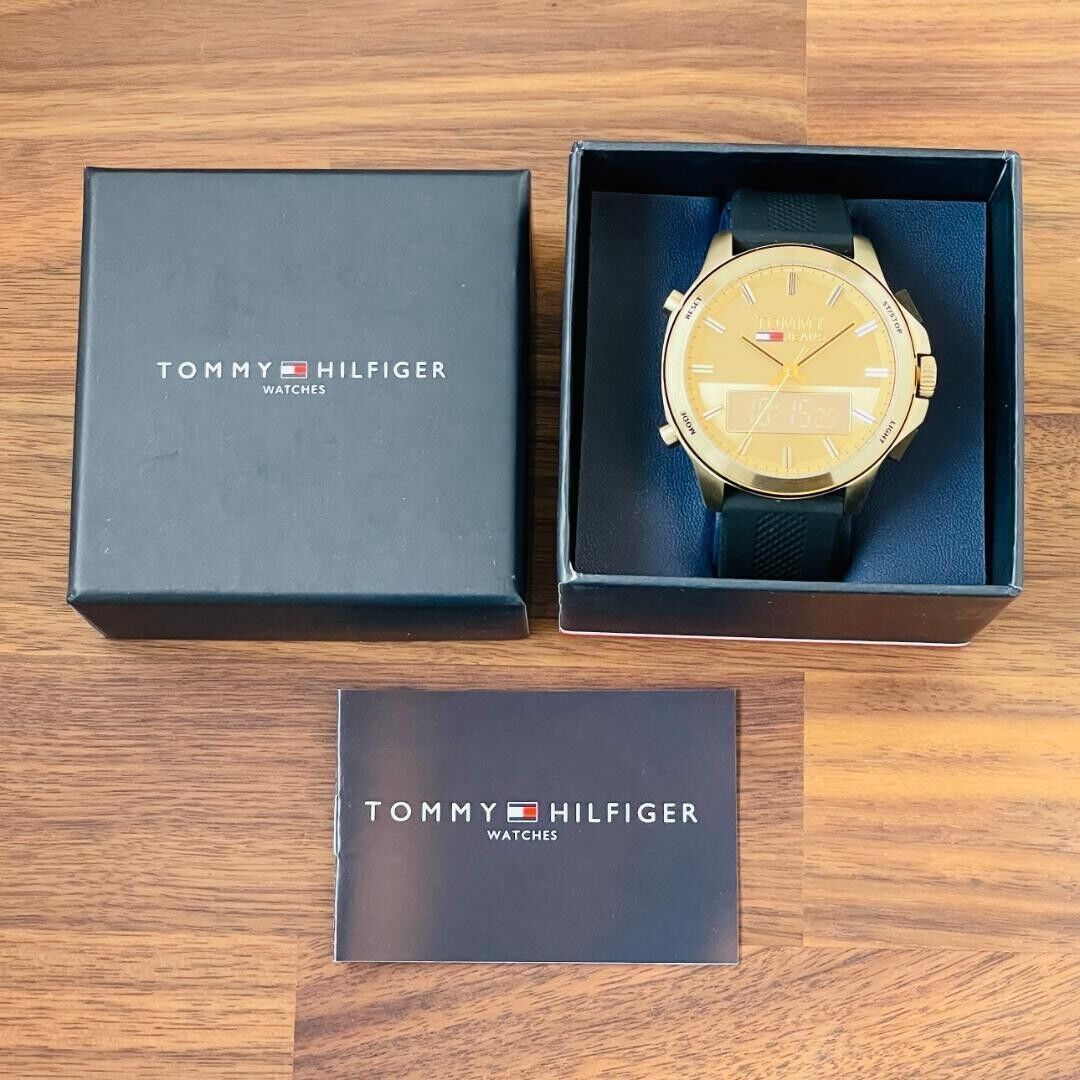 Tommy Hilfiger Jeans Digital Analog Gold Dial Black Rubber Strap Watch For Women  - 1791762