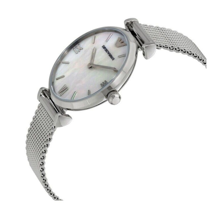 Emporio Armani Gianni T Bar Mother of Pearl Dial Silver Mesh Bracelet Watch For Women - AR1955