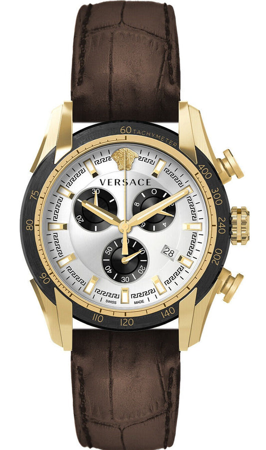 Versace V-Ray Chronograph Quartz White Dial Brown Leather Strap Watch For Men - VE2I00221