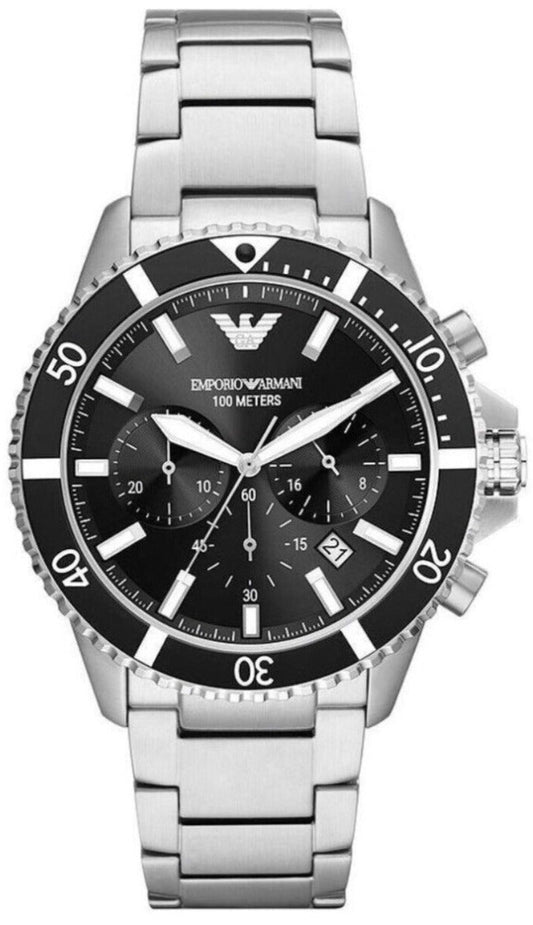 Emporio Armani Diver Chronograph Quartz Black Dial Silver Steel Strap Watch For Men - AR11360