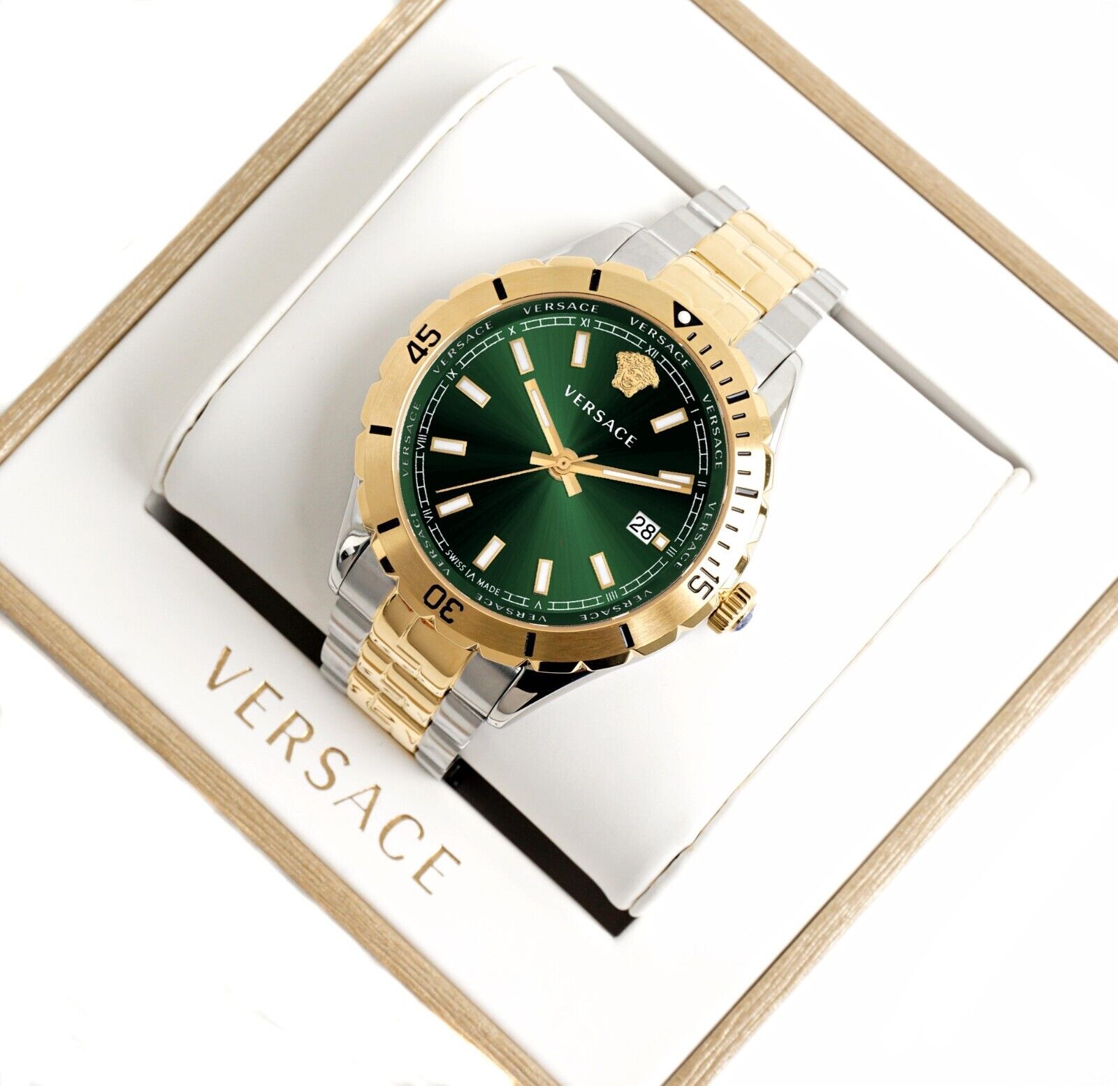 Versace Hellenyium Quartz Green Dial Two Tone Steel Strap Watch For Men - VE3A00720