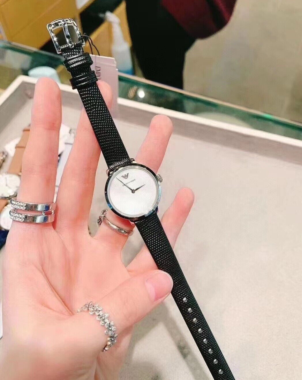 Emporio Armani Modern White Dial Black Leather Strap Watch For Women - AR11159