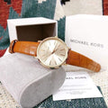 Michael Kors Jaryn Quartz Gold Dial Brown Leather Strap Watch For Women - MK2496