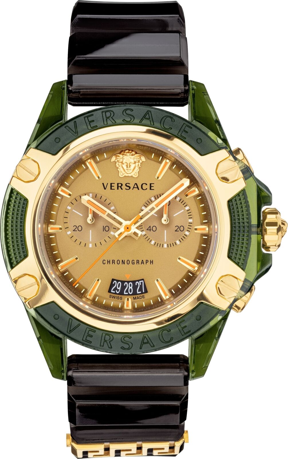 Versace Icon Active Chronograph Gold Dial Black Silicone Strap Watch For Men - VEZ700321