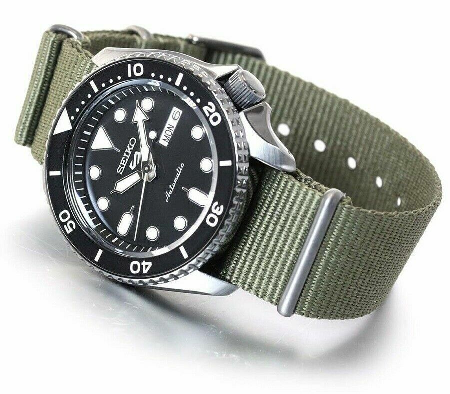 Seiko 5 Sport Automatic Black Dial Green Nylon Strap Watch For Men - SRPD65K4