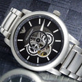 Emporio Armani Meccanico Automatic Skeleton Black Dial Silver Steel Strap Watch For Men - AR60021