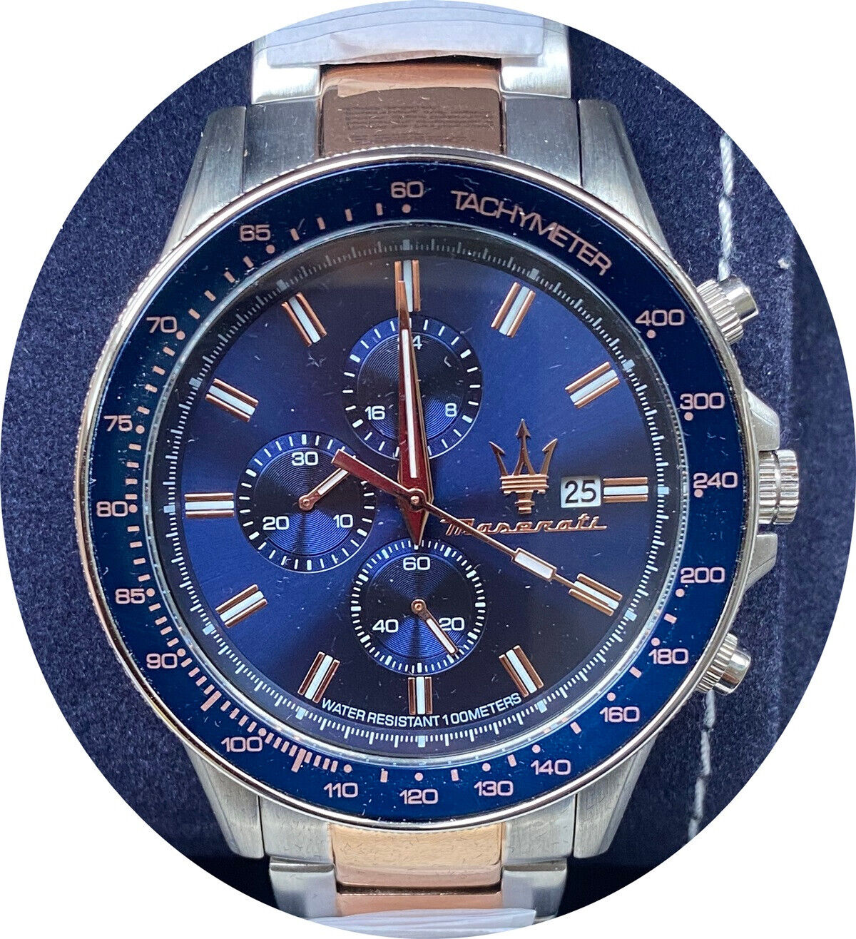 Maserati SFIDA Chronograph Blue Dial Two Tone Steel Strap Watch For Men - R8873640012