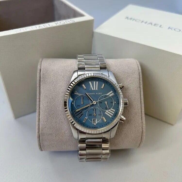 Michael Kors Lexington Chronograph Blue Dial Silver Steel Strap Watch For Women - MK7215