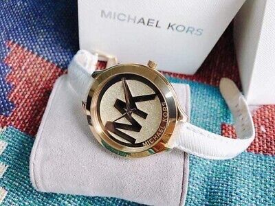 Michael Kors Slim Runway Quartz Gold Dial White Leather Strap Watch For Women - MK2389