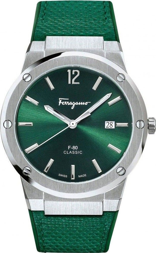 Salvatore Ferragamo F-80 Classic Green Dial Green Leather Strap Watch for Men - SFDT00519