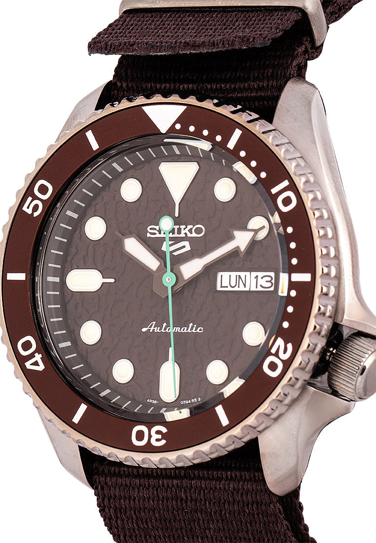 Seiko 5 Sport Automatic Brown Dial Brown Nylon Strap Watch For Men - SRPD85K1