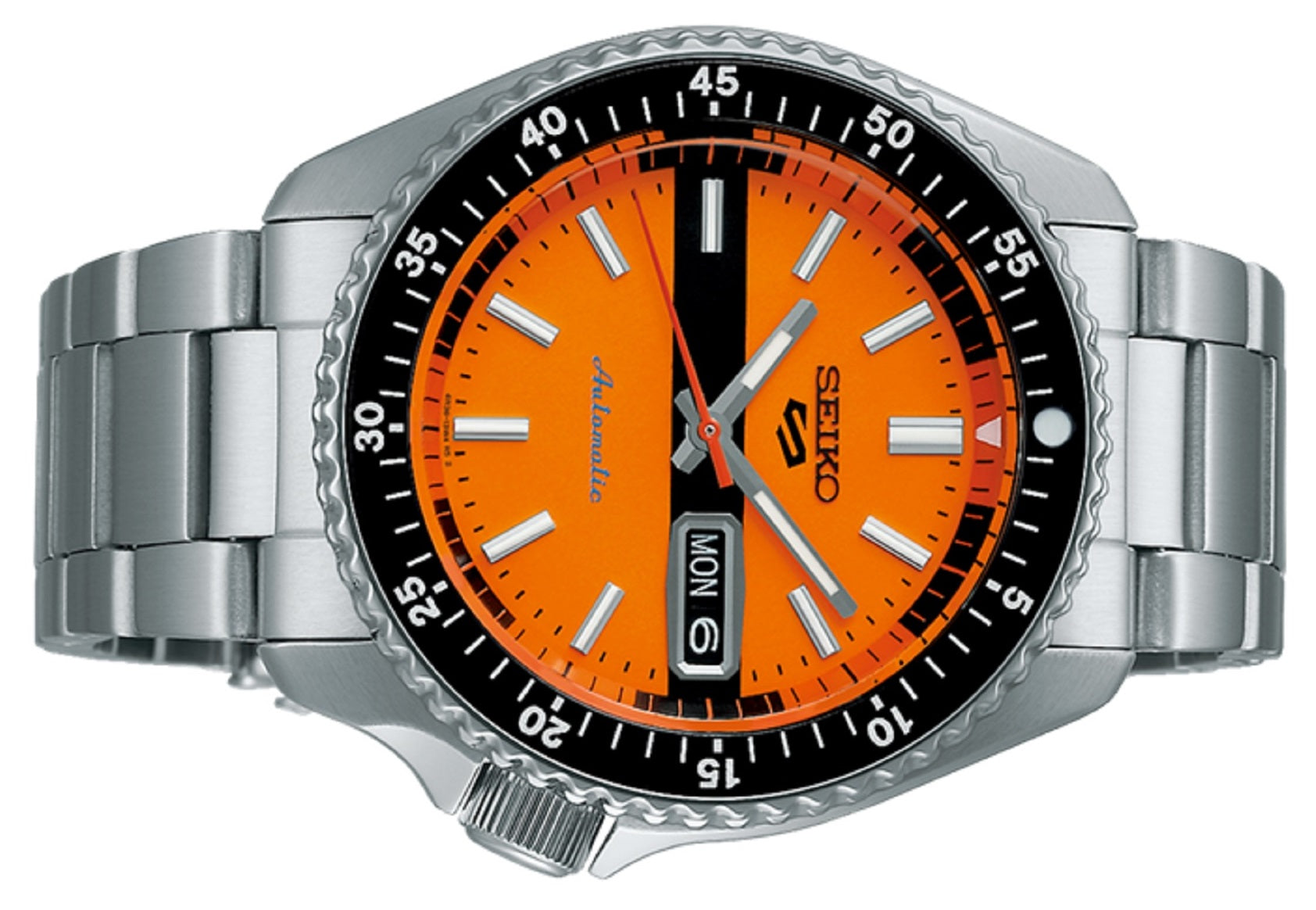 Seiko 5 Sports Double Hurricane Retro Orange Dial Silver Steel Strap Watch For Men - SRPK11K1