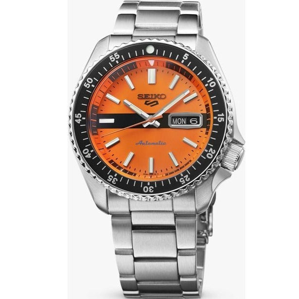 Seiko 5 Sports Double Hurricane Retro Orange Dial Silver Steel Strap Watch For Men - SRPK11K1