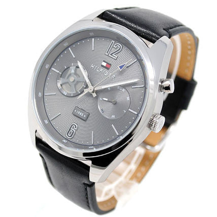 Tommy Hilfiger Deacan Grey Dial Black Leather Strap Watch for Men - 1791548