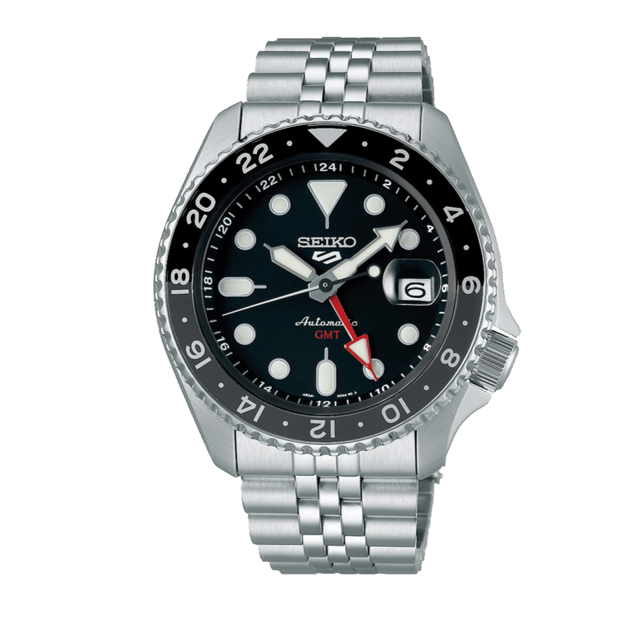 Seiko 5 Sports Automatic GMT Black Dial Silver Steel Strap Watch For Men - SSK001K1