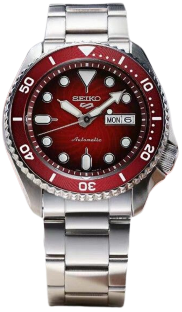 Seiko 5 Sports Mechanical Limited Edition Red Dial Silver Steel Strap Watch For Men - SRPK63K1