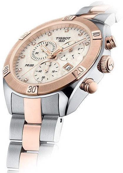 Tissot PR 100 Sport Chic Chronograph Diamonds Mother of Pearl Dial Two Tone Steel Strap Watch for Women - T101.917.22.116.00