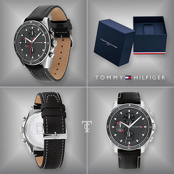 Tommy Hilfiger Parker Chronograph Quartz Grey Dial Black Leather Strap Watch For Men - 1791838