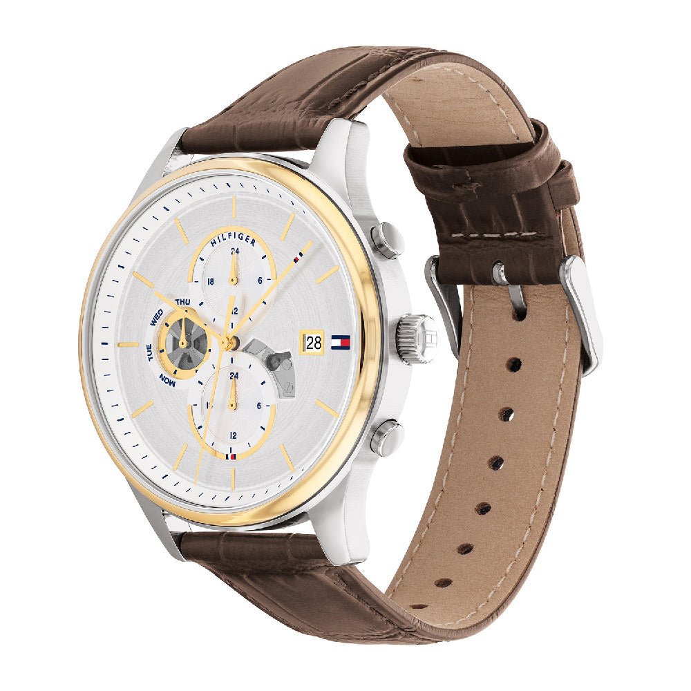 Tommy Hilfiger Weston Chronograph Silver Dial Brown Leather Strap Watch For Men - 1710501