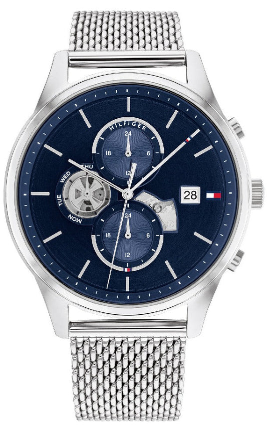 Tommy Hilfiger Weston Chronograph Blue Dial Silver Mesh Bracelet Watch For Men - 1710504