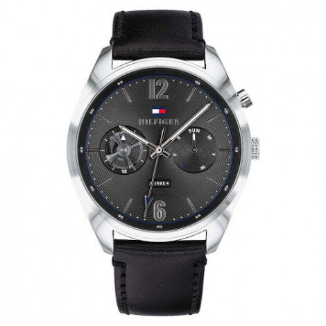 Tommy Hilfiger Deacan Grey Dial Black Leather Strap Watch for Men - 1791548