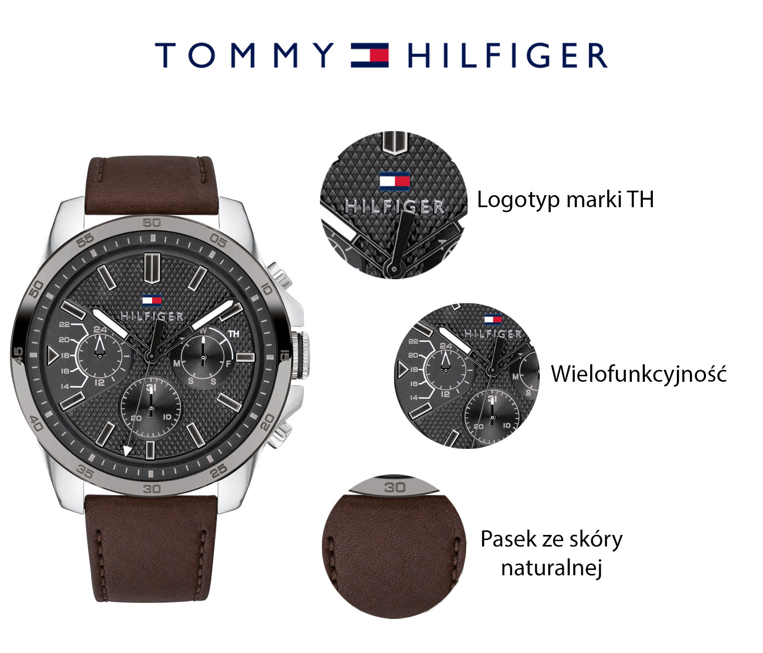 Tommy Hilfiger Decker Grey Dial Brown Leather Strap Watch for Men - 1791562