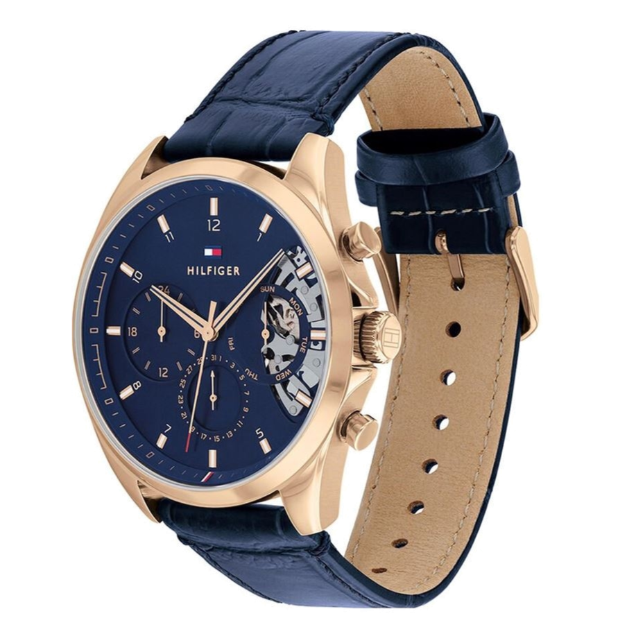 Tommy Hilfiger Baker Chronograph Quartz Blue Dial Blue Leather Strap Watch For Men - 1710451