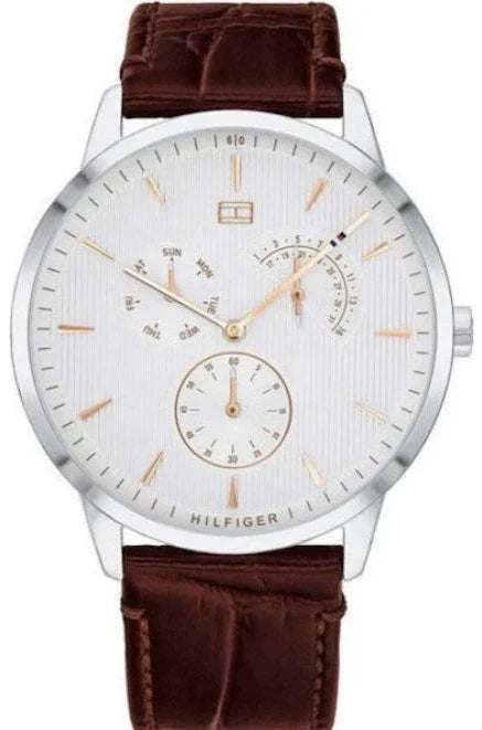 Tommy Hilfiger Brad Chronograph White Dial Brown Leather Strap Watch For Men - 1710389