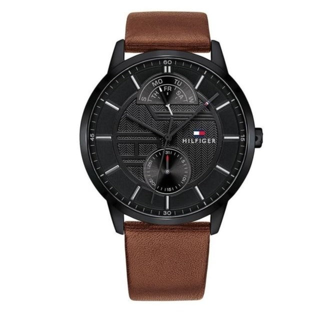 Tommy Hilfiger Hunter Black Dial Brown Leather Strap Watch for Men - 1791604