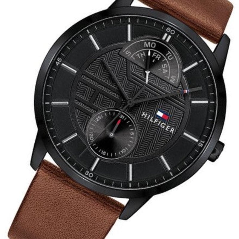 Tommy Hilfiger Hunter Black Dial Brown Leather Strap Watch for Men - 1791604